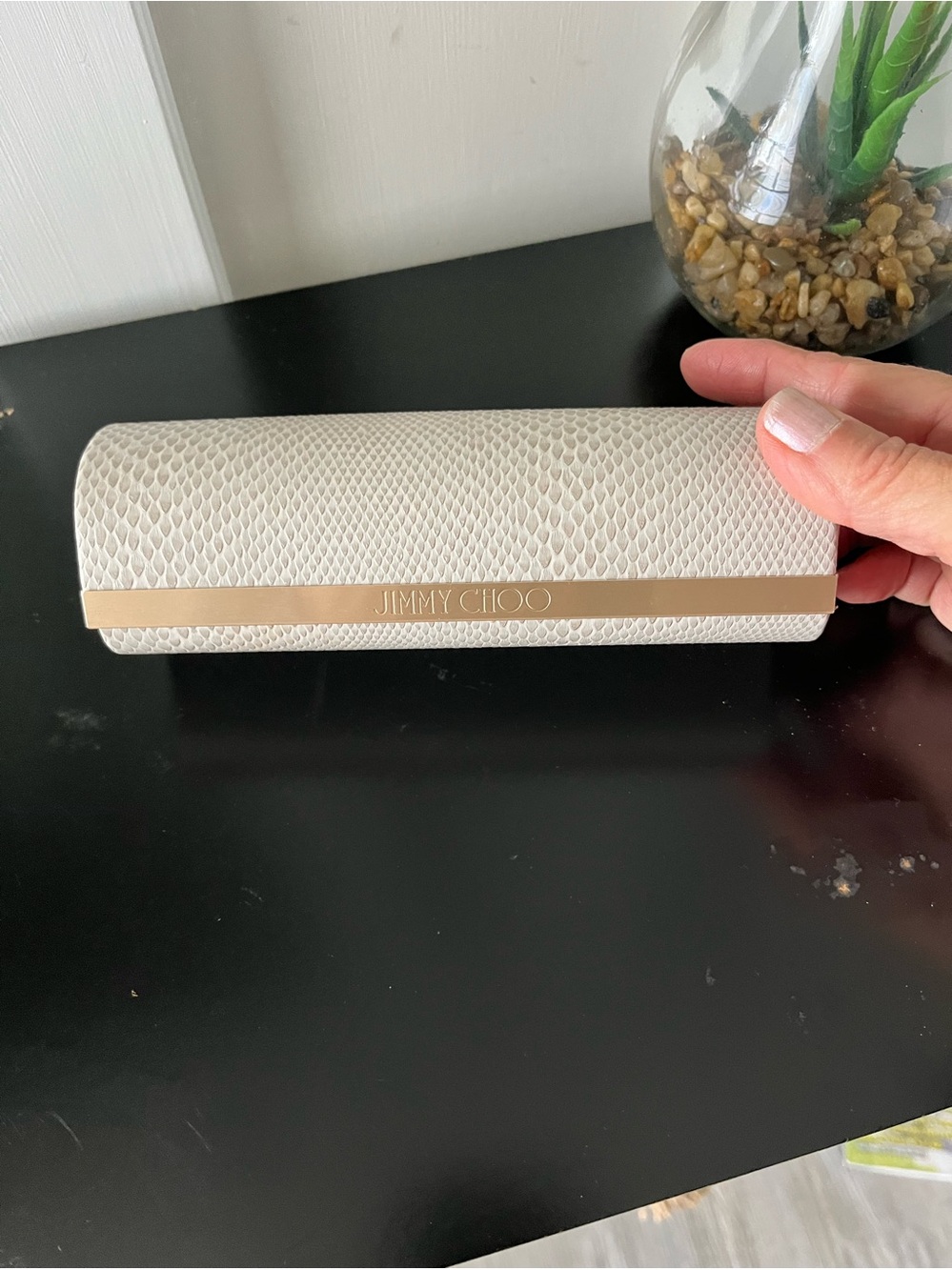 Jimmy Choo Cream Textured Sunglasses Case with Gold Accent